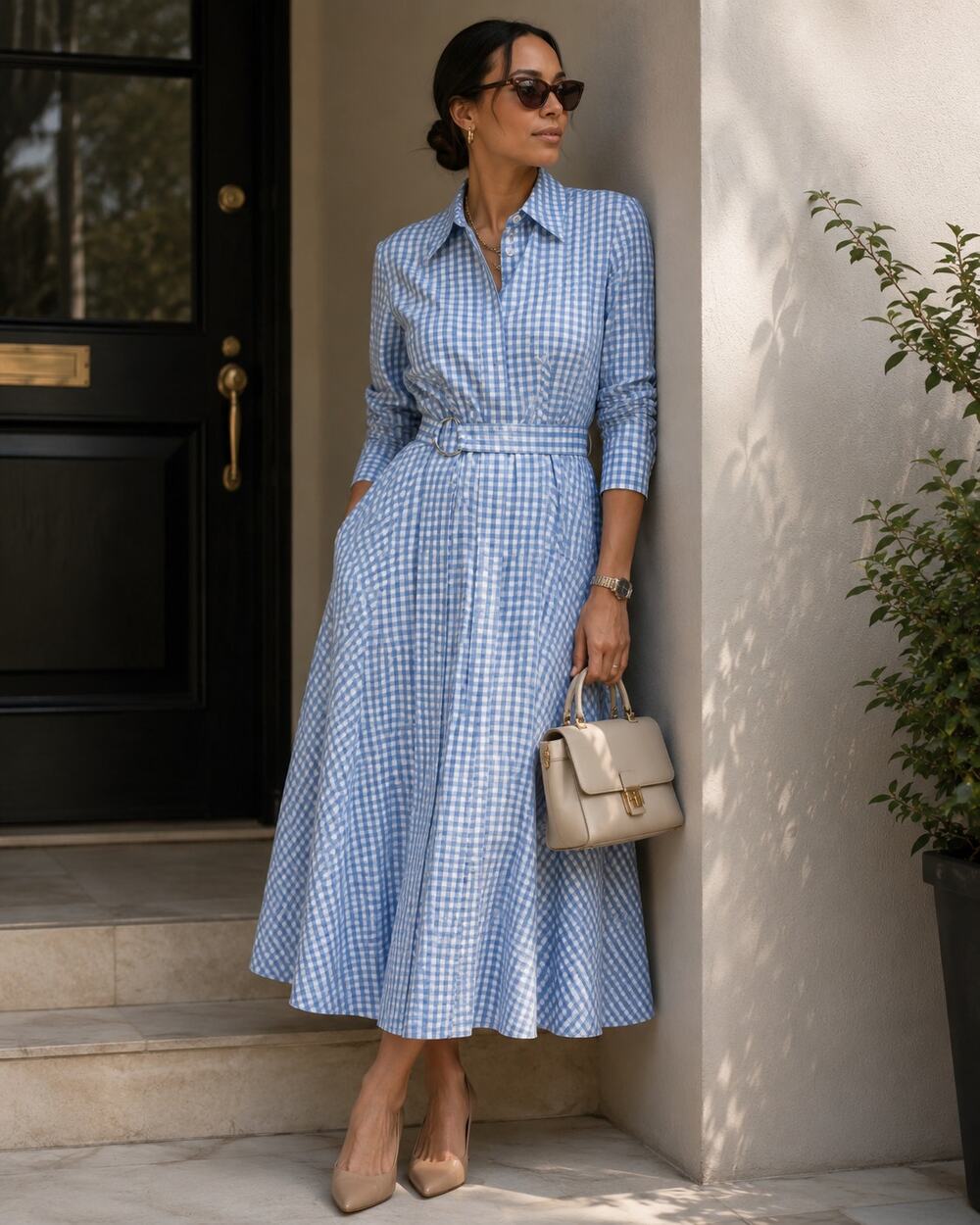 Tibi Blue and White Gingham Belted Midi Shirtdress
